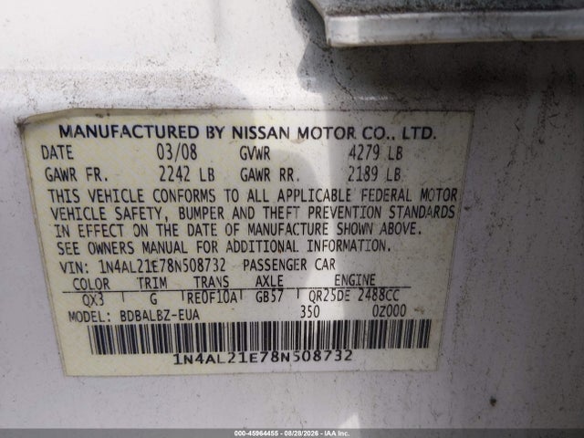 Aukcja sprzedaży 2008 Nissan Altima 2.5 S, vin: 1N4AL21E78N508732, numer aukcji: 45964455