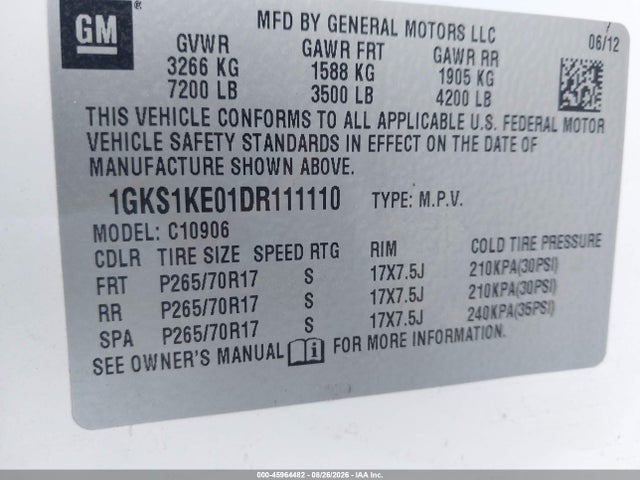 2013 Gmc Yukon Xl 1500 Slt მანქანა იყიდება აუქციონზე, vin: 1GKS1KE01DR111110, აუქციონის ნომერი: 45964482