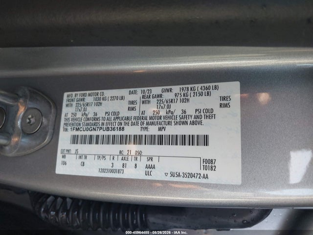 Продажа на аукционе авто 2023 Ford Escape Active, vin: 1FMCU0GN7PUB36188, номер лота: 45964485