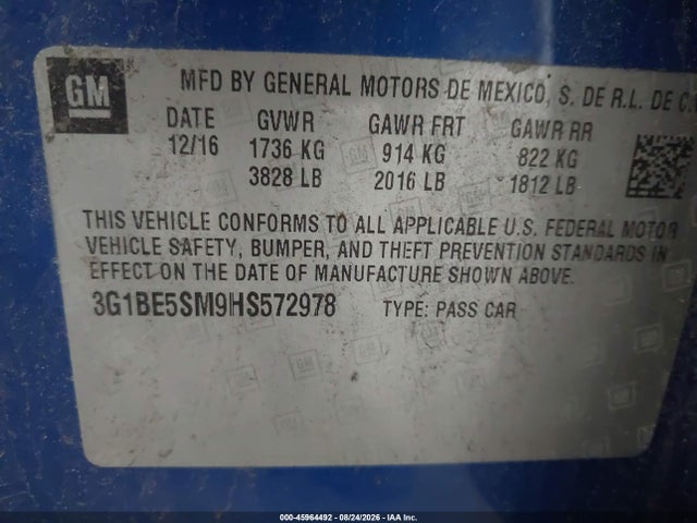 45964492 :رقم المزاد ، 3G1BE5SM9HS572978 vin ، 2017 Chevrolet Cruze Lt Auto مزاد بيع