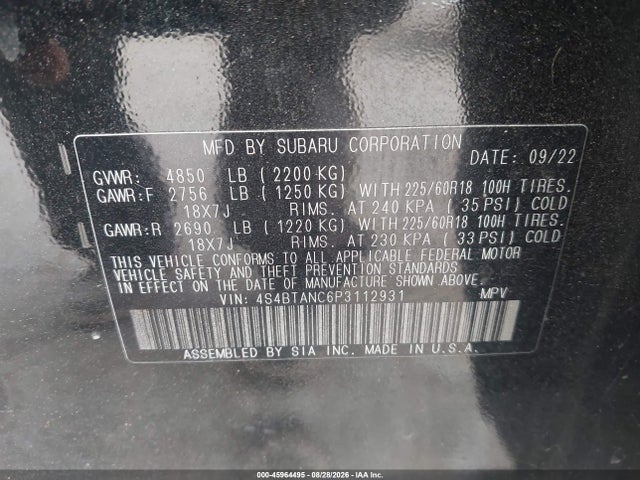 2023 Subaru Outback Limited მანქანა იყიდება აუქციონზე, vin: 4S4BTANC6P3112931, აუქციონის ნომერი: 45964495