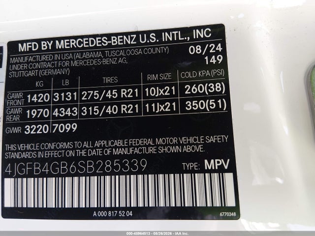 Aukcja sprzedaży 2025 Mercedes-benz Gle 450e 4matic, vin: 4JGFB4GB6SB285339, numer aukcji: 45964513