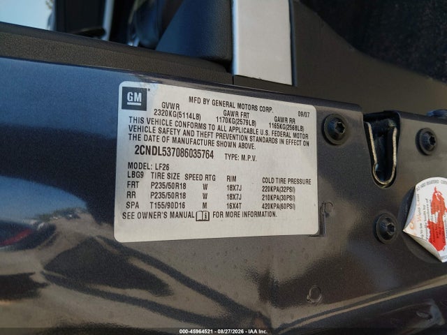 Aukcja sprzedaży 2008 Chevrolet Equinox Sport, vin: 2CNDL537086035764, numer aukcji: 45964521