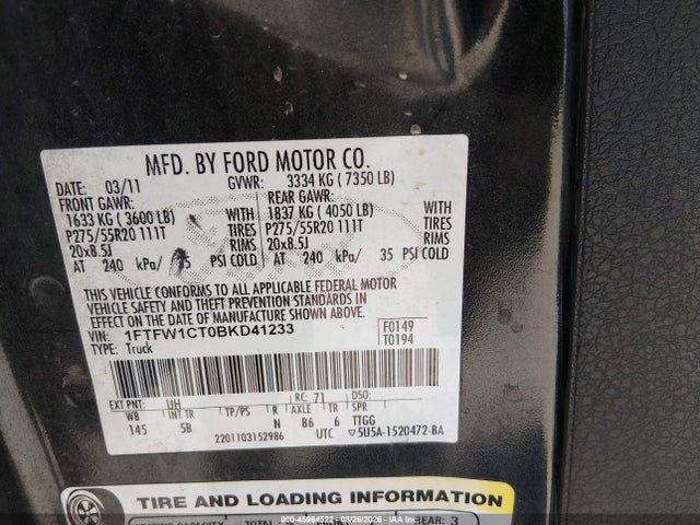 Продаж на аукціоні авто 2011 Ford F-150 Fx2, vin: 1FTFW1CT0BKD41233, номер лоту: 45964522