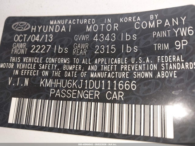 Aukcja sprzedaży 2013 Hyundai Genesis 3.8 R-spec, vin: KMHHU6KJ1DU111666, numer aukcji: 45964543