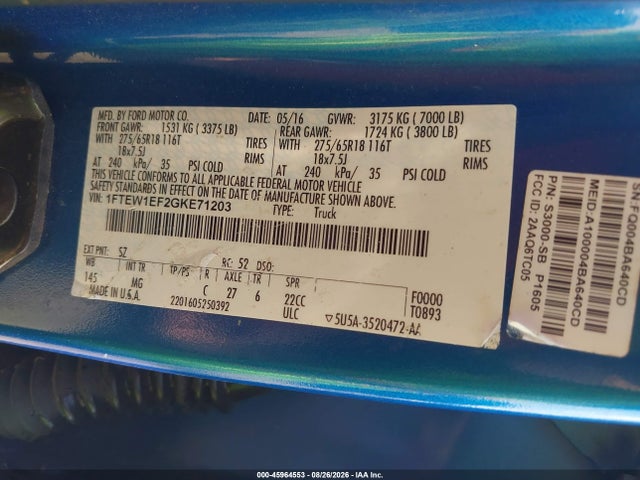 45964553 :رقم المزاد ، 1FTEW1EF2GKE71203 vin ، 2016 Ford F-150 Xlt مزاد بيع