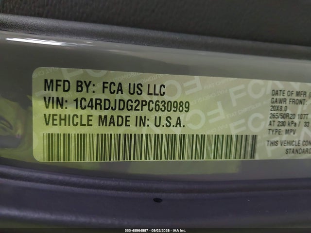 45964557 :رقم المزاد ، 1C4RDJDG2PC630989 vin ، 2023 Dodge Durango Gt Plus Awd مزاد بيع