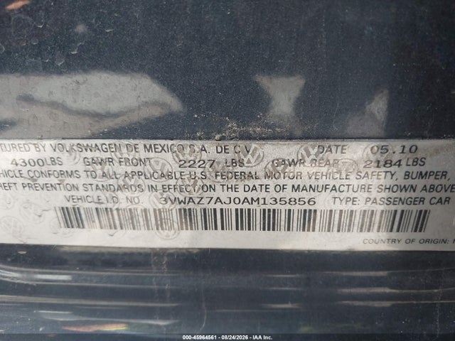 Продаж на аукціоні авто 2010 Volkswagen Jetta Limited Edition, vin: 3VWAZ7AJ0AM135856, номер лоту: 45964561