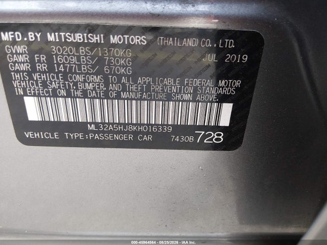 Aukcja sprzedaży 2019 Mitsubishi Mirage Le, vin: ML32A5HJ8KH016339, numer aukcji: 45964564