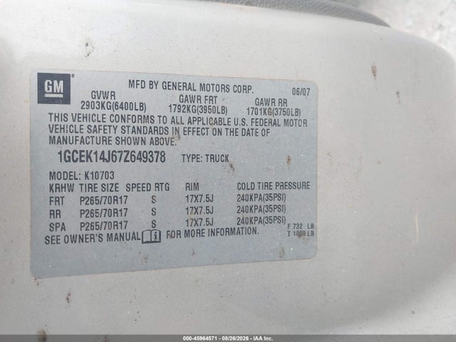 Aukcja sprzedaży 2007 Chevrolet Silverado 1500 Work Truck, vin: 1GCEK14J67Z649378, numer aukcji: 45964571