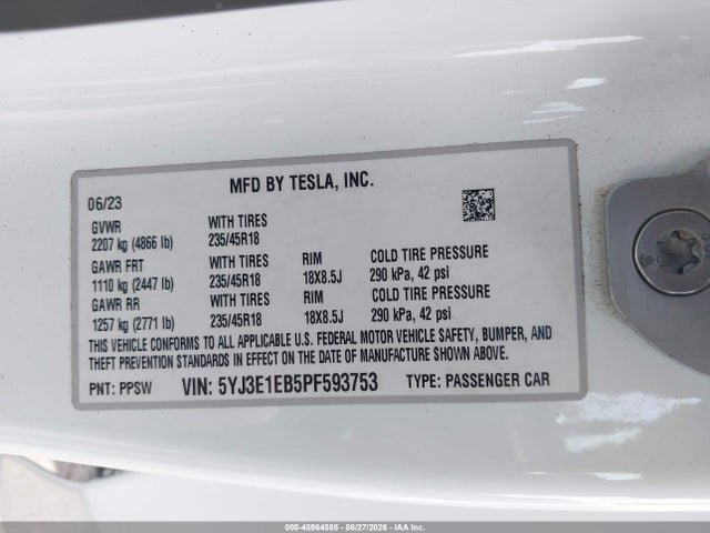 Продаж на аукціоні авто 2023 Tesla Model 3 Long Range Dual Motor All-wheel Drive, vin: 5YJ3E1EB5PF593753, номер лоту: 45964585
