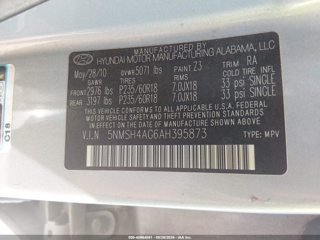 Продажа на аукционе авто 2010 Hyundai Santa Fe Se, vin: 5NMSH4AG6AH395873, номер лота: 45964591