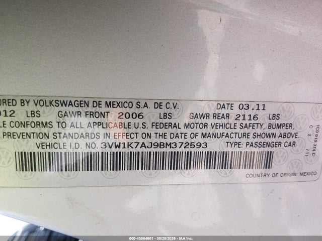 Aukcja sprzedaży 2011 Volkswagen Jetta 2.0l S, vin: 3VW1K7AJ9BM372593, numer aukcji: 45964601