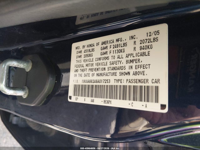 2006 Acura Tl მანქანა იყიდება აუქციონზე, vin: 19UUA66246A017253, აუქციონის ნომერი: 45964606