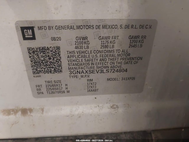 45964608 :رقم المزاد ، 3GNAXSEV3LS724804 vin ، 2020 Chevrolet Equinox Awd Ls مزاد بيع