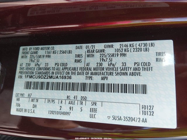 45964610 :رقم المزاد ، 1FMCU9DZ2MUA16936 vin ، 2021 Ford Escape Titanium Hybrid مزاد بيع