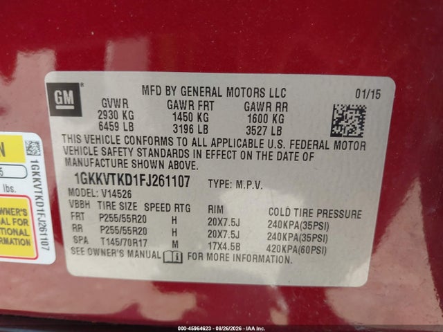 Продажа на аукционе авто 2015 Gmc Acadia Denali, vin: 1GKKVTKD1FJ261107, номер лота: 45964623