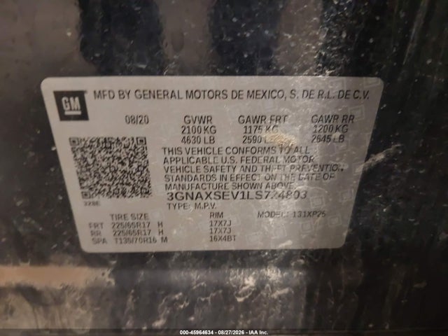 45964634 :رقم المزاد ، 3GNAXSEV1LS724803 vin ، 2020 Chevrolet Equinox Awd Ls مزاد بيع