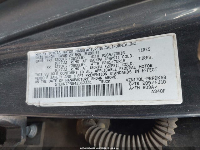 Продаж на аукціоні авто 2004 Toyota Tacoma Base V6, vin: 5TEHN72N84Z363321, номер лоту: 45964637