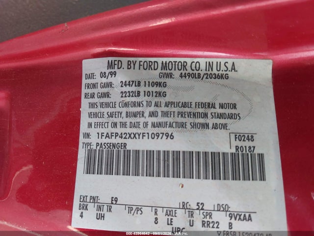 Продажа на аукционе авто 2000 Ford Mustang Gt, vin: 1FAFP42XXYF109796, номер лота: 45964642
