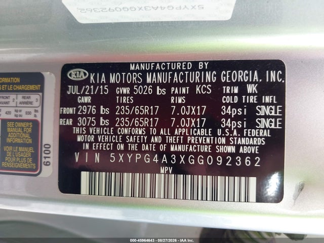 Aukcja sprzedaży 2016 Kia Sorento 2.4l Lx, vin: 5XYPG4A3XGG092362, numer aukcji: 45964643