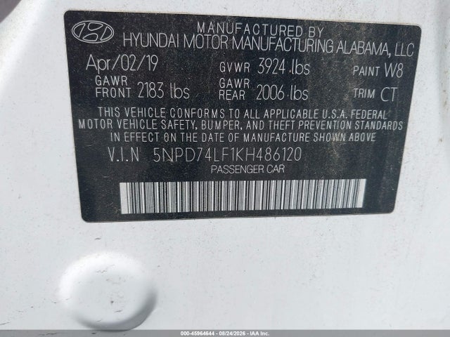 Продаж на аукціоні авто 2019 Hyundai Elantra Se, vin: 5NPD74LF1KH486120, номер лоту: 45964644