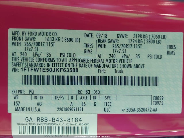 2018 Ford F-150 Xl მანქანა იყიდება აუქციონზე, vin: 1FTFW1E50JKF63588, აუქციონის ნომერი: 45964654