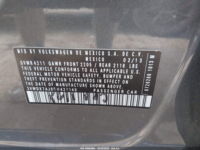 45964664 :رقم المزاد ، 3VWDX7AJ0DM426140 vin ، 2013 Volkswagen Jetta 2.5l Se مزاد بيع
