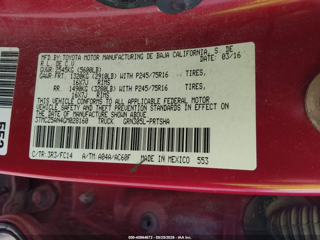 45964672 :رقم المزاد ، 3TMCZ5AN4GM028160 vin ، 2016 Toyota Tacoma Sr5 V6 مزاد بيع