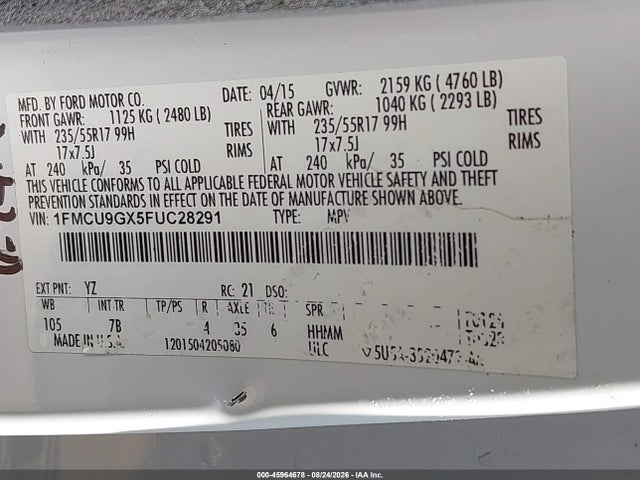 Ford ESCAPE SE 2015 1FMCU9GX5FUC28291 Image 9