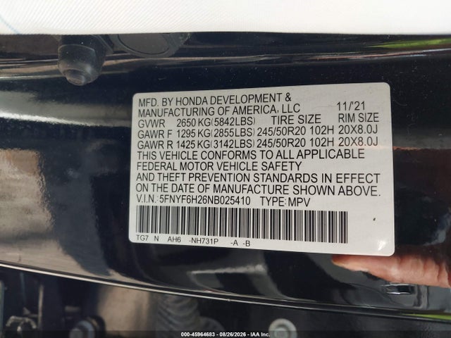 45964683 :رقم المزاد ، 5FNYF6H26NB025410 vin ، 2022 Honda Pilot Awd Special Edition مزاد بيع