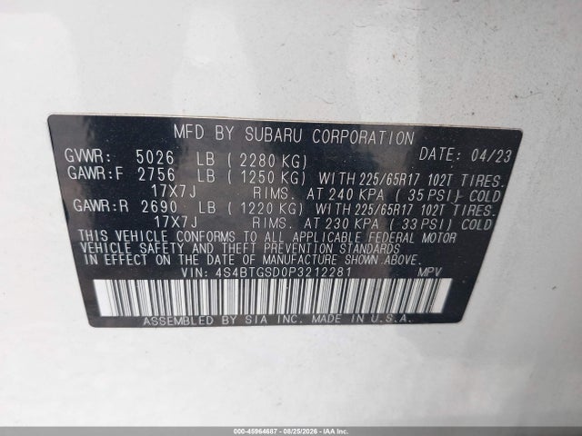 Aukcja sprzedaży 2023 Subaru Outback Wilderness, vin: 4S4BTGSD0P3212281, numer aukcji: 45964687