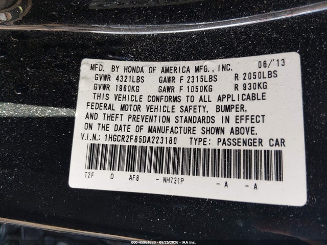 2013 Honda Accord Ex-l მანქანა იყიდება აუქციონზე, vin: 1HGCR2F85DA223180, აუქციონის ნომერი: 45964690