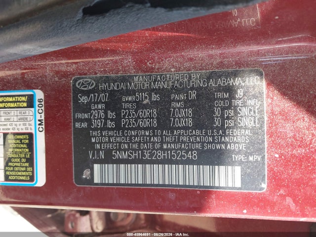 Продаж на аукціоні авто 2008 Hyundai Santa Fe Limited/se, vin: 5NMSH13E28H152548, номер лоту: 45964691
