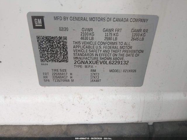 Aukcja sprzedaży 2020 Chevrolet Equinox Awd Lt 1.5l Turbo, vin: 2GNAXUEV0L6229132, numer aukcji: 45964710