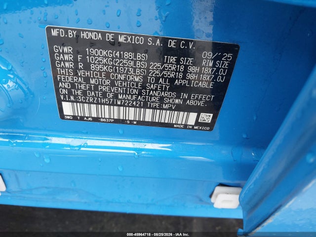 2026 Honda Hr-v 2wd Sport მანქანა იყიდება აუქციონზე, vin: 3CZRZ1H57TM722421, აუქციონის ნომერი: 45964718
