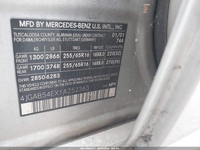 Продаж на аукціоні авто 2001 Mercedes-benz Ml 320, vin: 4JGAB54EX1A252363, номер лоту: 45964721