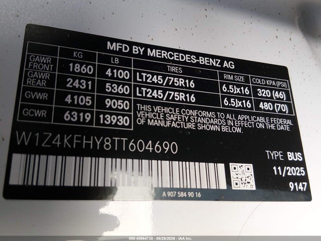 W1Z4KFHY8TT604690 Mercedes-Benz Sprinter 2500 Standard Roof 4-cyl Diesel