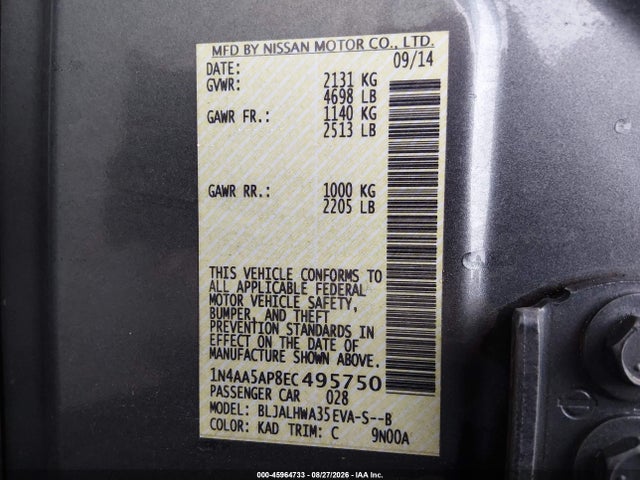 Продаж на аукціоні авто 2014 Nissan Maxima 3.5 Sv, vin: 1N4AA5AP8EC495750, номер лоту: 45964733