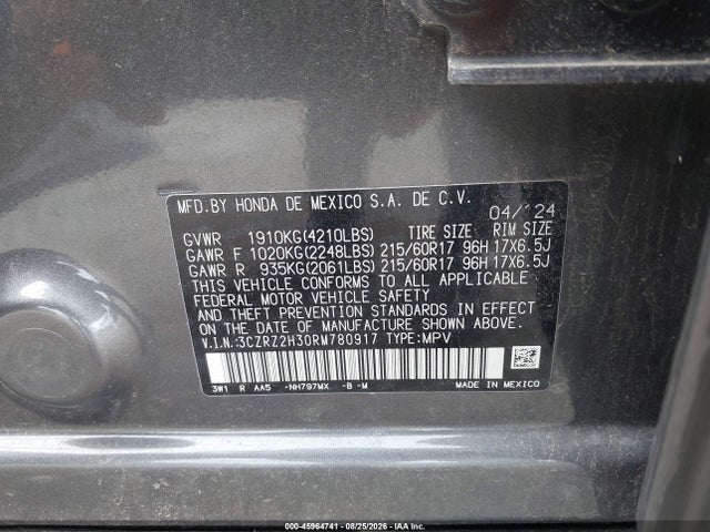 2024 Honda Hr-v Awd Lx მანქანა იყიდება აუქციონზე, vin: 3CZRZ2H30RM780917, აუქციონის ნომერი: 45964741