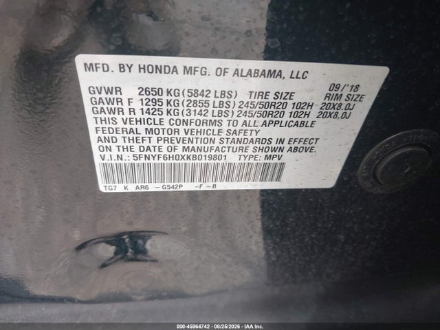 Honda Pilot Elite 2019 5FNYF6H0XKB019801 Image 9