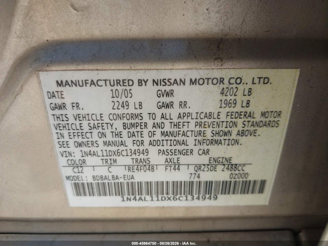 Aukcja sprzedaży 2006 Nissan Altima 2.5 S, vin: 1N4AL11DX6C134949, numer aukcji: 45964750