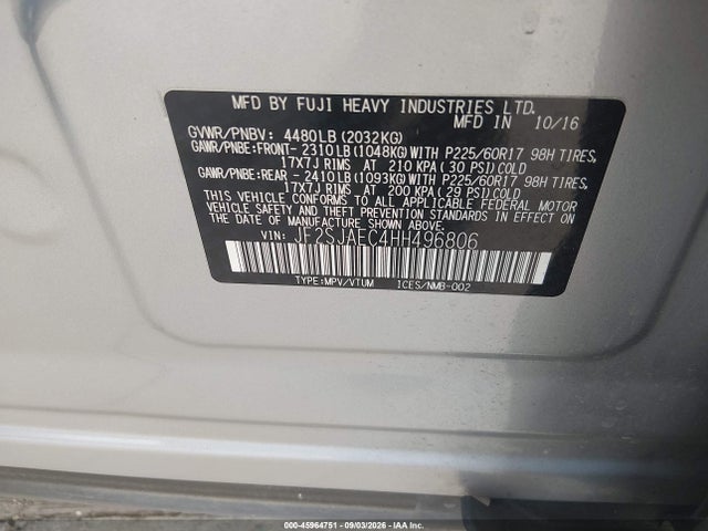 45964751 :رقم المزاد ، JF2SJAEC4HH496806 vin ، 2017 Subaru Forester 2.5i Premium مزاد بيع