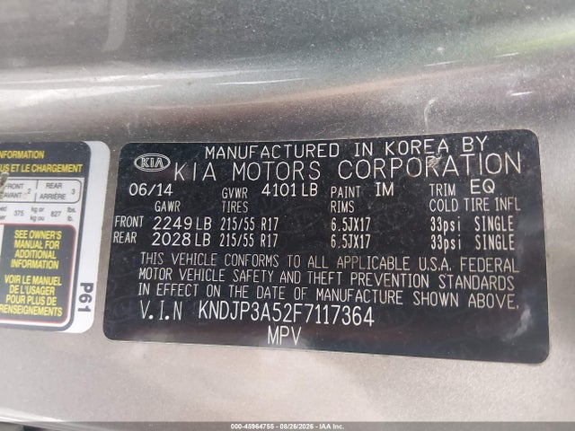 45964755 :رقم المزاد ، KNDJP3A52F7117364 vin ، 2015 Kia Soul + مزاد بيع