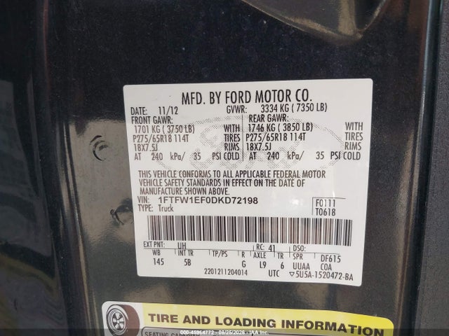 Продаж на аукціоні авто 2013 Ford F-150 Fx4, vin: 1FTFW1EF0DKD72198, номер лоту: 45964772