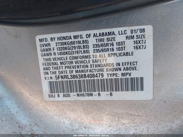2008 Honda Odyssey Ex-l მანქანა იყიდება აუქციონზე, vin: 5FNRL38638B408479, აუქციონის ნომერი: 45964778