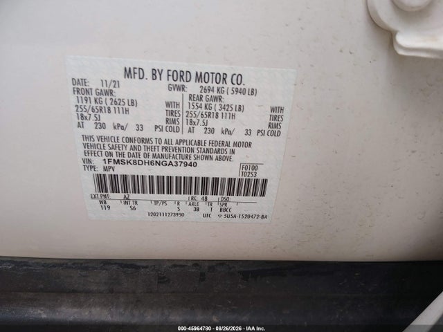Продажа на аукционе авто 2022 Ford Explorer Xlt, vin: 1FMSK8DH6NGA37940, номер лота: 45964780