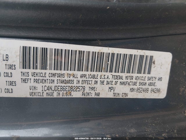 2014 Jeep Compass Latitude მანქანა იყიდება აუქციონზე, vin: 1C4NJDEB6ED822578, აუქციონის ნომერი: 45964786