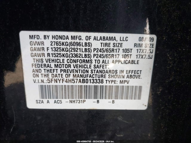Aukcja sprzedaży 2010 Honda Pilot Ex-l, vin: 5FNYF4H57AB013338, numer aukcji: 45964788