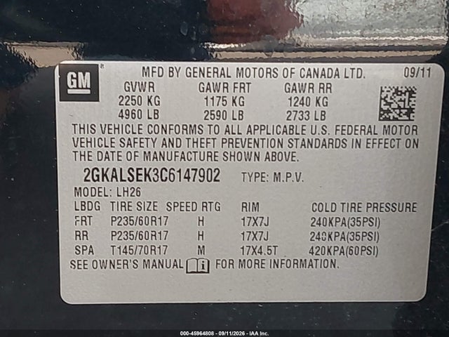 45964808 :رقم المزاد ، 2GKALSEK3C6147902 vin ، 2012 Gmc Terrain Sle-2 مزاد بيع